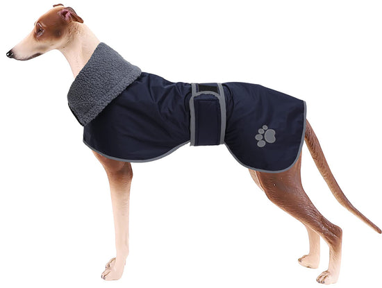 Geyecete Dog Winter Coat Greyhound Raincoat Fabric with Lamb Velvet Inside Outdoor Dog Apparel with Adjustable Bands for Medium Large Dog-Navy-XS