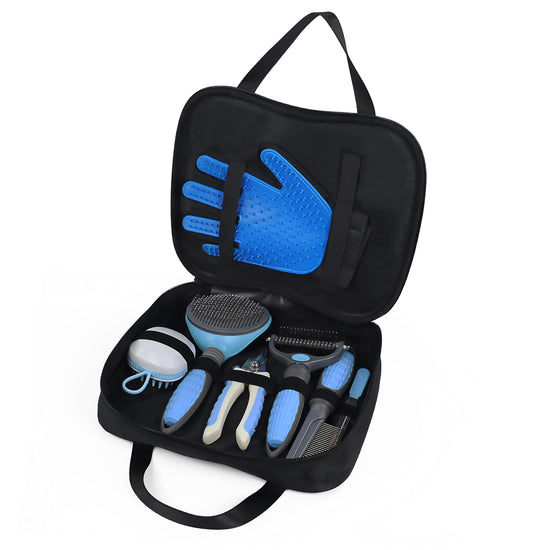 Wisedog Pet Grooming Tool Kit - Nail Clipper Set Dematting & Grooming Combs Bath Brush Hair Removal Mitts (Upgraded Blue)